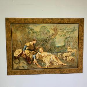 Antikes großes Grasgemälde aus dem 19. Jahrhundert auf Leinwand. Galante Szene. Maße 152 x 112 cm.